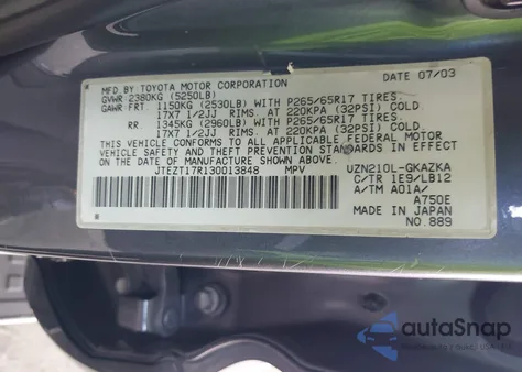 2003 Toyota 4Runner Limited V8 from USA, damaged, VIN JTEZT17R130013848